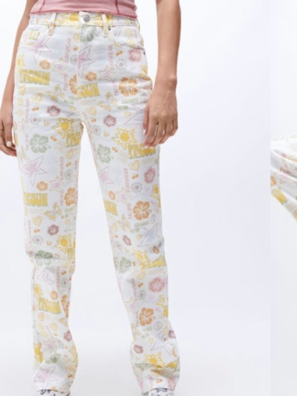 Pacific Sunwear White Jeans with Pastel Floral & Sun Print dad Jean 24 90s